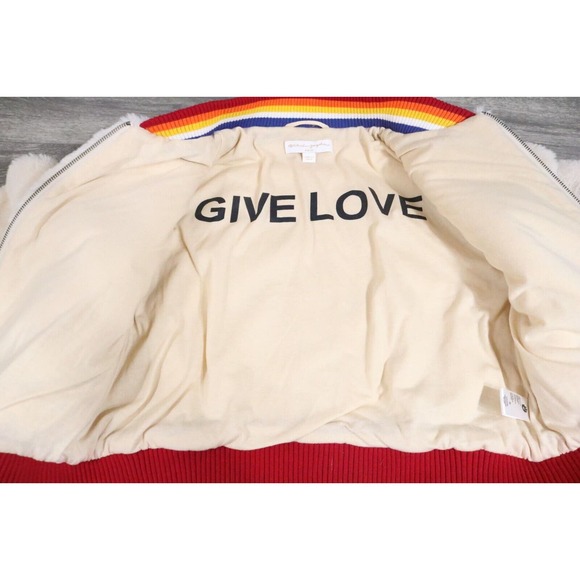 Spiritual Gangster Teddy Bomber Jacket Womens Medium Cream Give Love Deep Pile - Picture 5 of 8